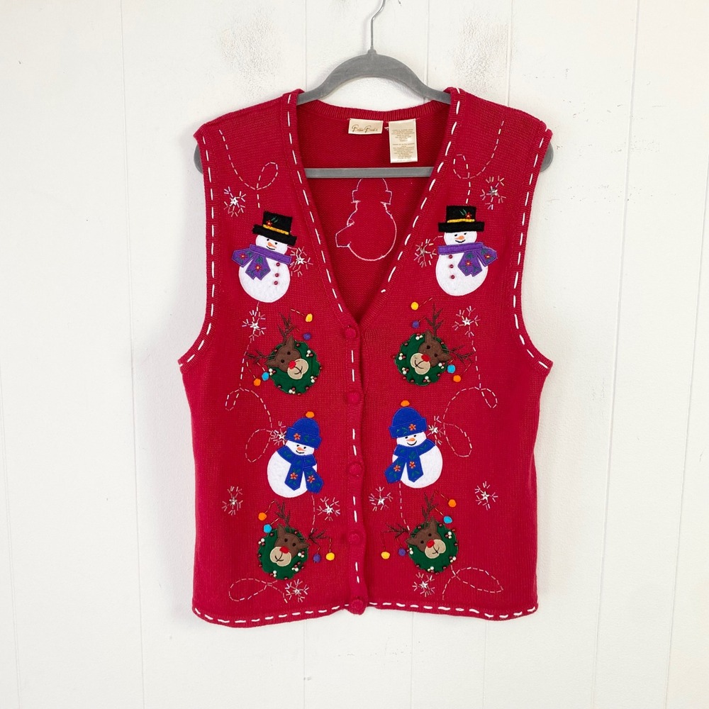Bobbie Brooks Red Christmas Sweater Vest Snowman Reindeer Beaded Size XL